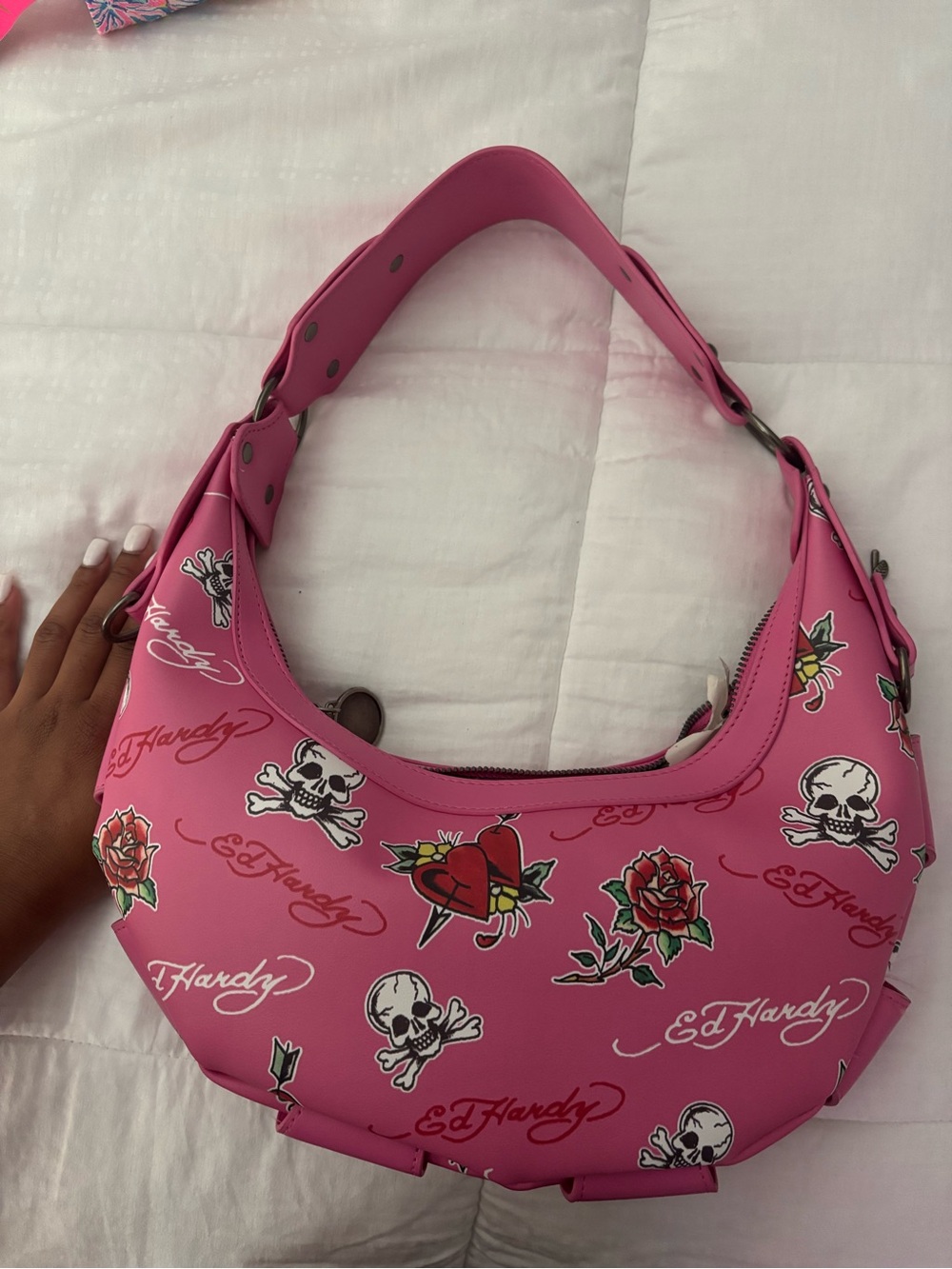 Ed Hardy Hot Pink Studded Skull & Rose Shoulder Bag - Picture 2 of 2